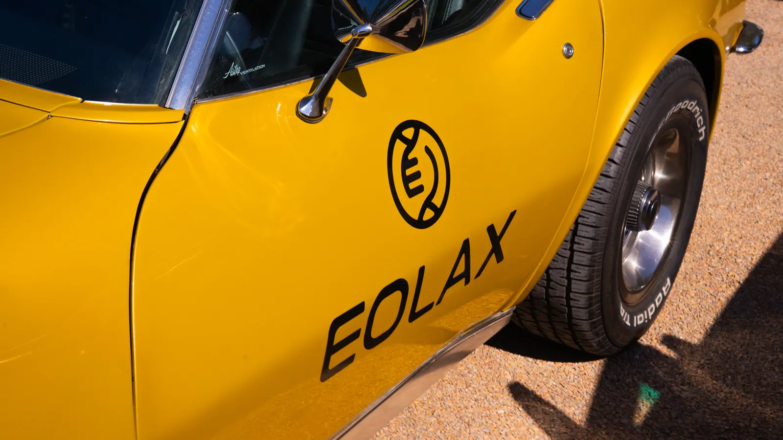 Close-up of the Corvette's flank with the Eolax mark and wordmark printed on the gold bodywork.