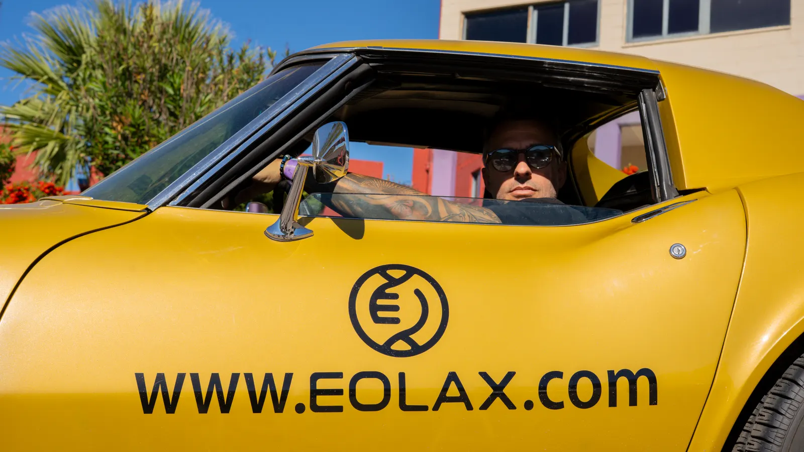 A driver at the wheel of the Corvette, the Eolax mark and WWW.EOLAX.COM printed on the door.