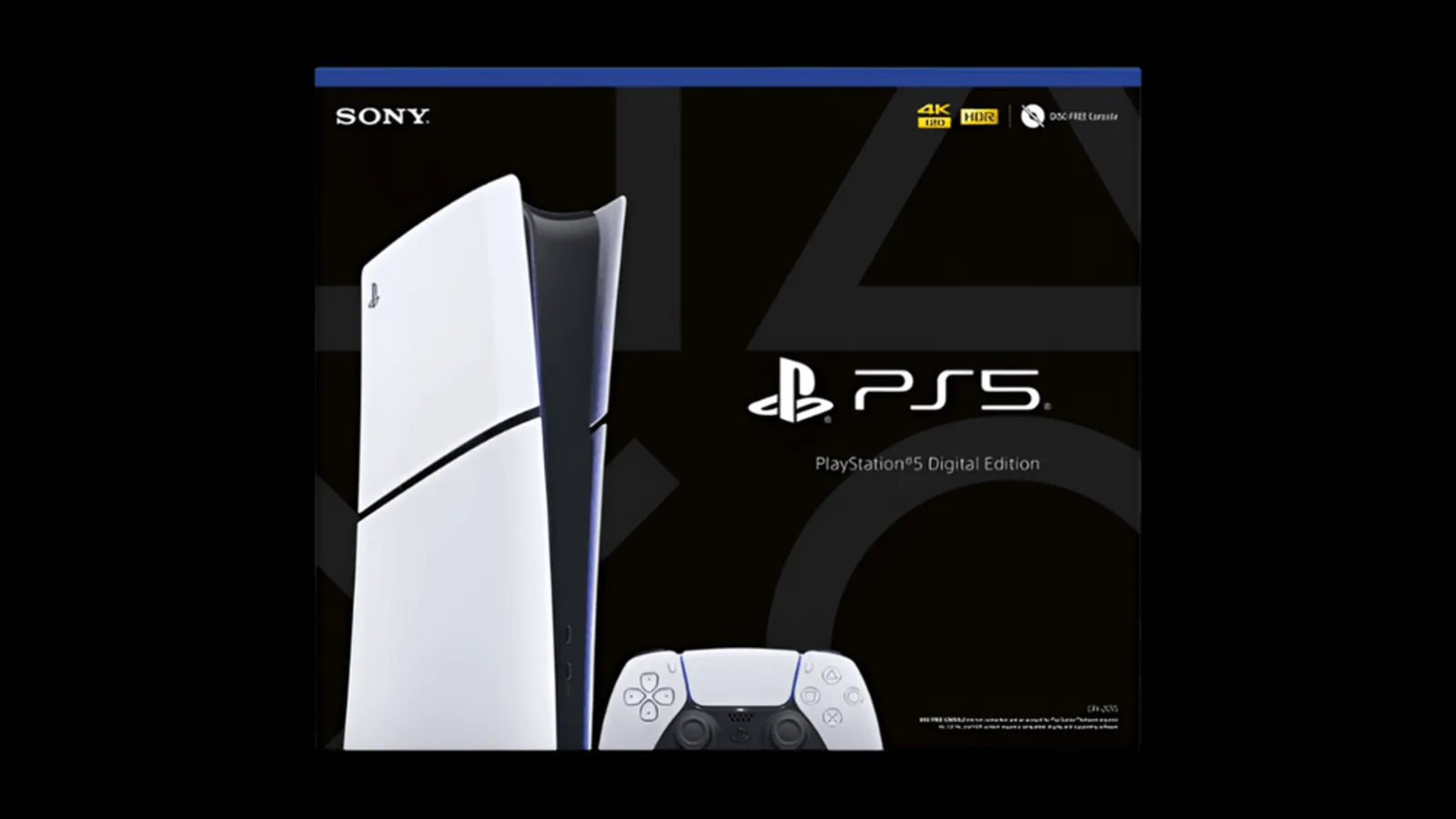 The PlayStation 5 Digital Edition box, model CFI-2015, with the console and the DualSense controller printed on the front.